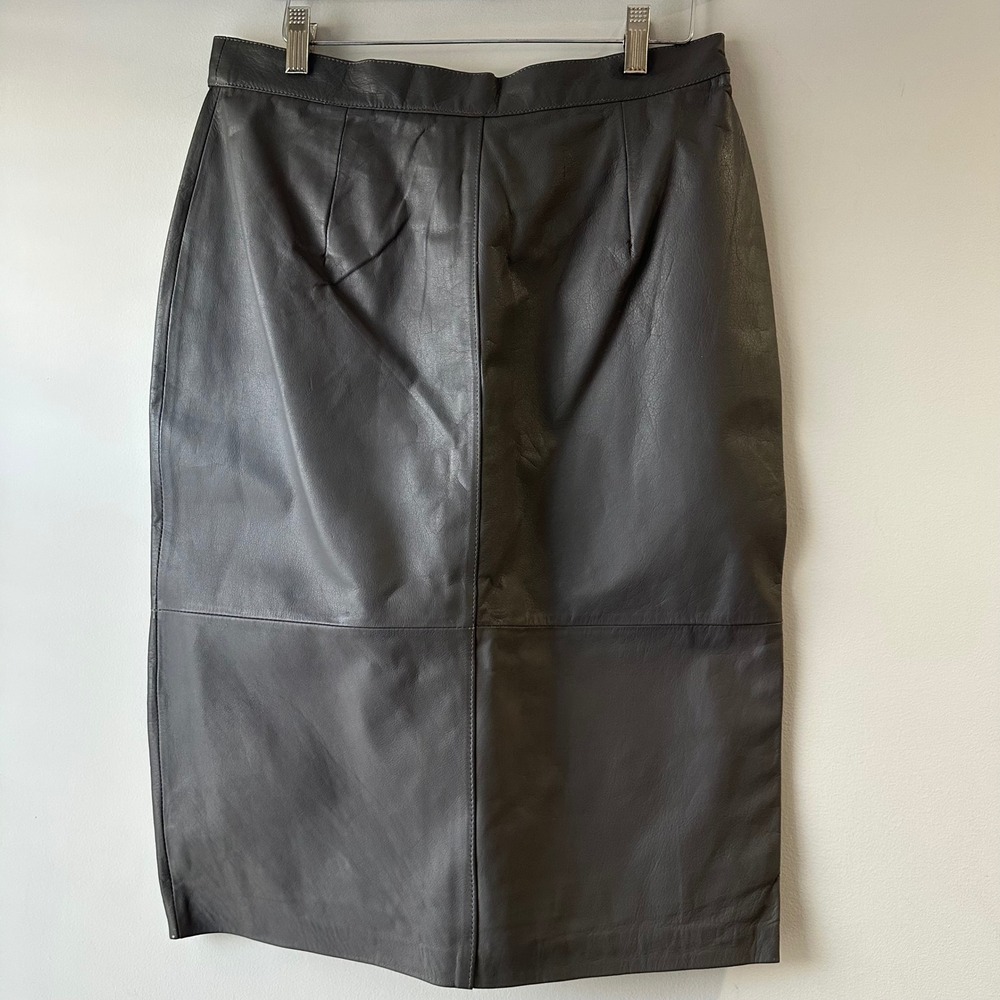 Andrew Marc Leather Pencil Skirt Womens 14 Gray Excellent High Waist Midi Slit